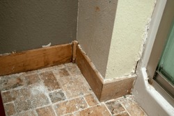 Mold and water damage on bathroom wall and wooden trim with tile floor and shower door in a dirty and unhealthy bathroom