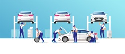 Auto service and repair. Cars in maintenance workshop with mechanics team. Vector illustration.