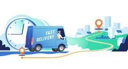 Delivery truck with man is carrying parcels on points. Concept online map, tracking, service. Vector illustration.