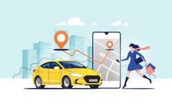Online ordering taxi car, rent and sharing using service mobile application. Woman near smartphone screen with route and points location on a city map on the car and urban landscape background.