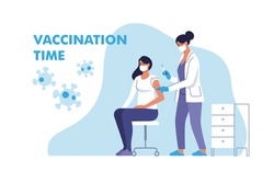Coronavirus vaccination. Woman in face mask getting vaccinated against Covid-19 in hospital. Doctor giving Corona virus vaccine injection injecting patient. Vector illustration.