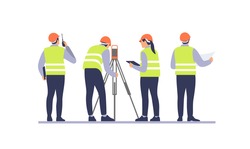 Engineers with equipment on the construction site. Vector illustration.