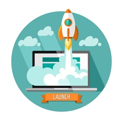 Start Up. Flat design modern vector illustration concept of new business project star-tup development and launch a new innovation product on a market.