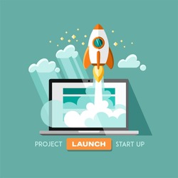 Flat concept background with rocket. Project start up - launch. Vector illustration.