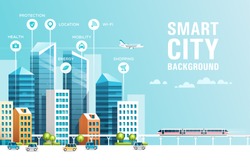 Urban landscape with infographic elements. Smart city. Modern city. Concept website template. Vector illustration.