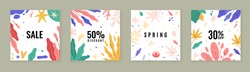 Trendy plants posters. Abstract floral sale banners, spring and summer discounts cards, tropical flowers brochure, modern design. Vector set