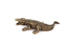 crocodile alligator Vintage Antique grunge bronze brass figurine statue of beautiful animal, isolated on white background. Decoration Sculpture for interior. Copy Space. Close up Selective soft focus.