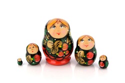 Matryoshka family set traditional wooden beautiful nested disassembled dolls with painting art on over white background. Color toy russian souvenir.