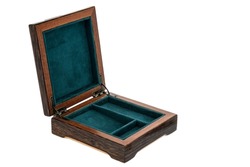 Empty Open birch wooden jewelry box with green velvet lining and vintage accessories and Clipping Pathon white background. used for storing small things, Luxury packaging for anything.