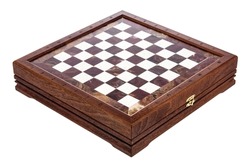 Brown Natural Stone Classic Empty Chessboard with casket chest on white background. Board for sports chess tournament leisure game. Diagonally side view.