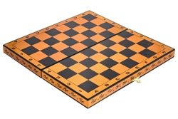 Black Brown Beige Natural Wooden Classic Empty Chessboard with casket chest on white background. Board for sports chess tournament leisure game. Diagonally side view.