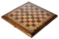 Beige Brown Natural Wooden Classic Empty Chessboard with casket chest on white background. Board for sports chess tournament leisure game. Diagonally side view.