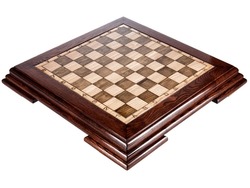 Black Brown Beige Natural Wooden Classic Empty Chessboard with casket chest on white background. Board for sports chess tournament leisure game. Diagonally side view.