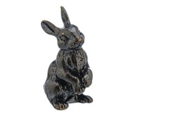 Hare Rabbit Vintage Antique grunge bronze brass figurine statue of beautiful animal, isolated on white background. Decoration Sculpture for interior. Copy Space for Text. Selective soft focus