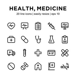 simple set of medication / health line icons, containing icons such as pills, doctor's boxes, injections, ambulances and others.