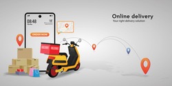 	
Online delivery service concept. Perfect for landing page, delivery website, banner, background, application, poster, on mobile. Horizontal view