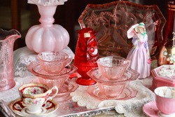 Pink Vintage lots including pink depression glass cup saucer pink bone China Fenton vase and fairy lamp