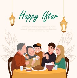Happy Iftar Moslem Family Vector Illustration, Muslim Family having Iftar Party Together Design