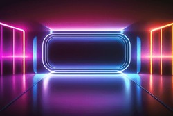 Abstract neon light fluorescent Neon Lights glow ,Reflection on water, exhibition background 3D illustration.