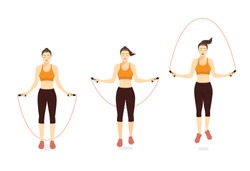 Woman doing Exercise with speed jumping rope in 3 step. Illustration about workout with lightweight equipment.