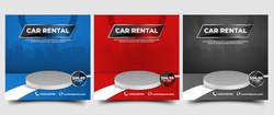 Car rental promotion social media post banner template. Modern banner template with podium illustration.