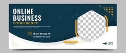 Business webinar horizontal banner template design. Modern banner design with black and white background and yellow frame shape. Usable for banner, cover, and header.