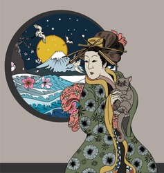 Traditional Japanese wave poster in the window.Japanese women in kimono with her cat.Hand drawn geisha girl and kitten on wave background.Japanese wave with peach flower and Fuji mountain background.