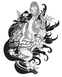 Hand drawn Oni skull entwined by snake.japanese tattoo ; oni mask and snake tattoo