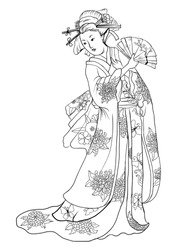 Hand drawn geisha women hold fan.Japanese women in kimono with chrysanthemum flower pattern.Traditional Japanese tattoo style.coloring book and doodle vector.
