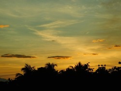 Sunrise or sunset sky with colourful clouds and coconut tree shadow