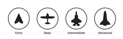 Expertise, evolution, skill or experience level icons. Airplane, aircraft silhouettes. Job skills levels. Path to the success or goal. Basic, medium advanced, expert symbols. Flat vector illustration