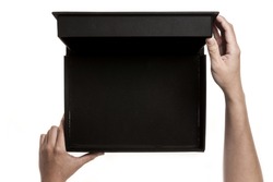 A man(male) hand hold a empty(blank, vacant) black box isolated white.