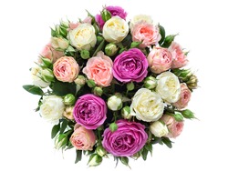 roses in a bouquet on a white background, round flower arrangement, top view as a gift for an anniversary. pink, yellow roses