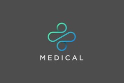 Modern Healthcare Medical Logo. Blue and Green Geometric Linear Rounded Cross Sign Health Icon Infinity Style isolated on Dark Background. Flat Vector Logo Design Template Element.