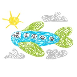 Vector kindergarten kids drawing background. Collection of cute children's drawings of kids, airplane, nature, objects.