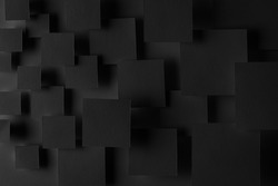 Black abstract geometric background with fly squares in soft light with shadows, tile pattern, top view. Simple mosaic backdrop in minimalist style.