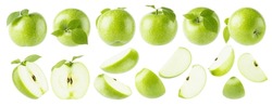 Juicy green apples rich set, whole and cut on half, slices with green leaves, tails, different sides isolated on white background. Summer fresh natural fruits as design elements.