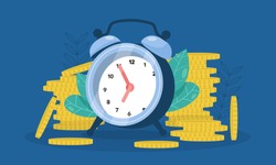 time is money and value. clock with stack of coins gold. management income. flat design concept vector illustration