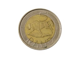 Reverse of South Africa coin 5 rand 2010. Isolated with white background.