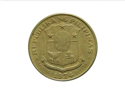 Obverse of Philippines coin 1 piso 1974 with the inscription meaning REPUBLIC OF PHILIPPINES. Isolated in white background.