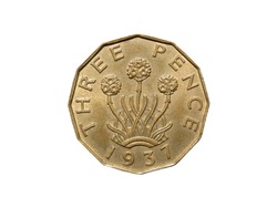 Reverse of United Kingdom coin 3 pence 1937, isolated in white background. Close up view.