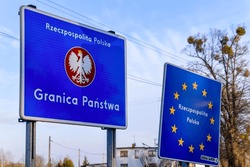 Republic of Poland border sign with Polish inscription Republic of Poland, state border.