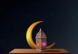An Arabic lantern and a 3D rendered moon are placed on a wooden table with a magical night background. Ramadan concept with space for text.