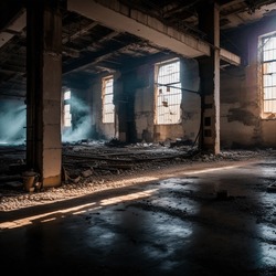 Old abandoned factory. Destroyed building. Volumetric light passing through the windows.