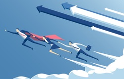 Business concept leadership and teamwork, vector illustration of business hero or superhero  flying through the cloud and help the team to succeed