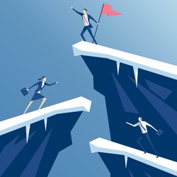 businessman first reached the summit of the mountain with a flag, business people competing in mountain climbing. employees run on the rocks to the flag, business concept win and competition