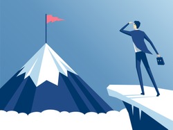 businessman standing on cliff's edge and looking at the mountain on which he will climb, an employee looking for a way to his goal, business concept challenge and the goal