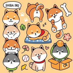 illustration vector set cartoon cute dog japan shiba inu 