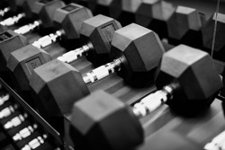 Photo of sport equipment in gym. Dumbbells on floor. Rows of dumbbells in the gym with high contrast and monochrome color tone