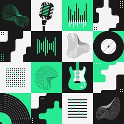 Abstract art composition with various geometric shapes, objects and musical instruments. Poster design. Music concept. Graphic design for backdrop, banner, brochure, leaflet or signboard